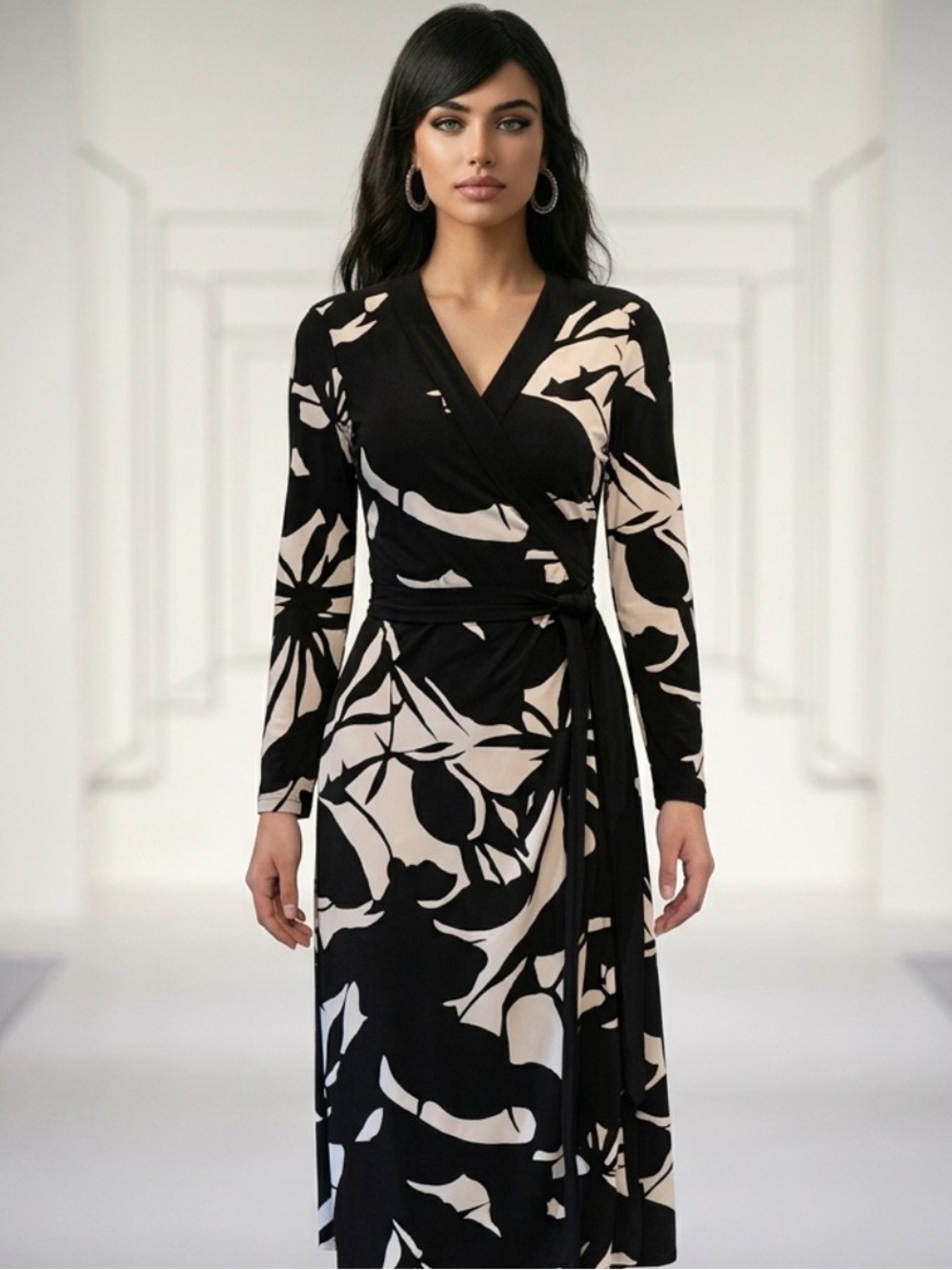 Y2K Tahari Black and White Floral Wrap-Style Long Sleeve Dress